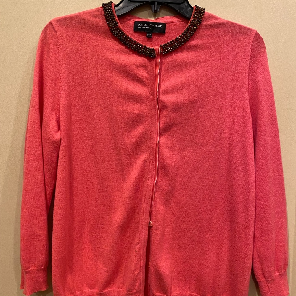 Jones New York beaded neck, pink cardigan